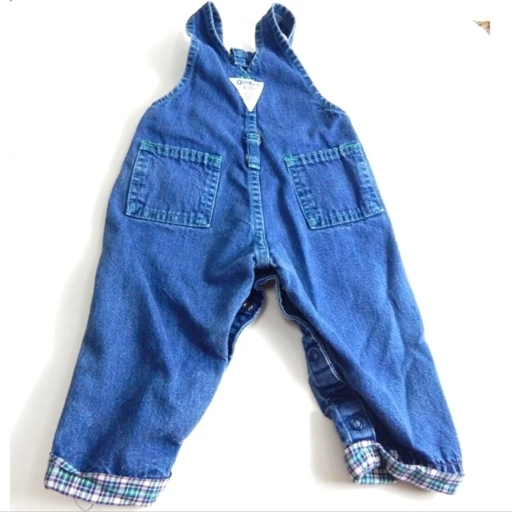 Oshkosh Vintage 1990's Denim Overalls Teddy Bear Plaid - Picture 2 of 5